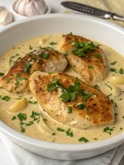 Browned chicken cutlets in a creamy garlic sauce scattered with parsley.