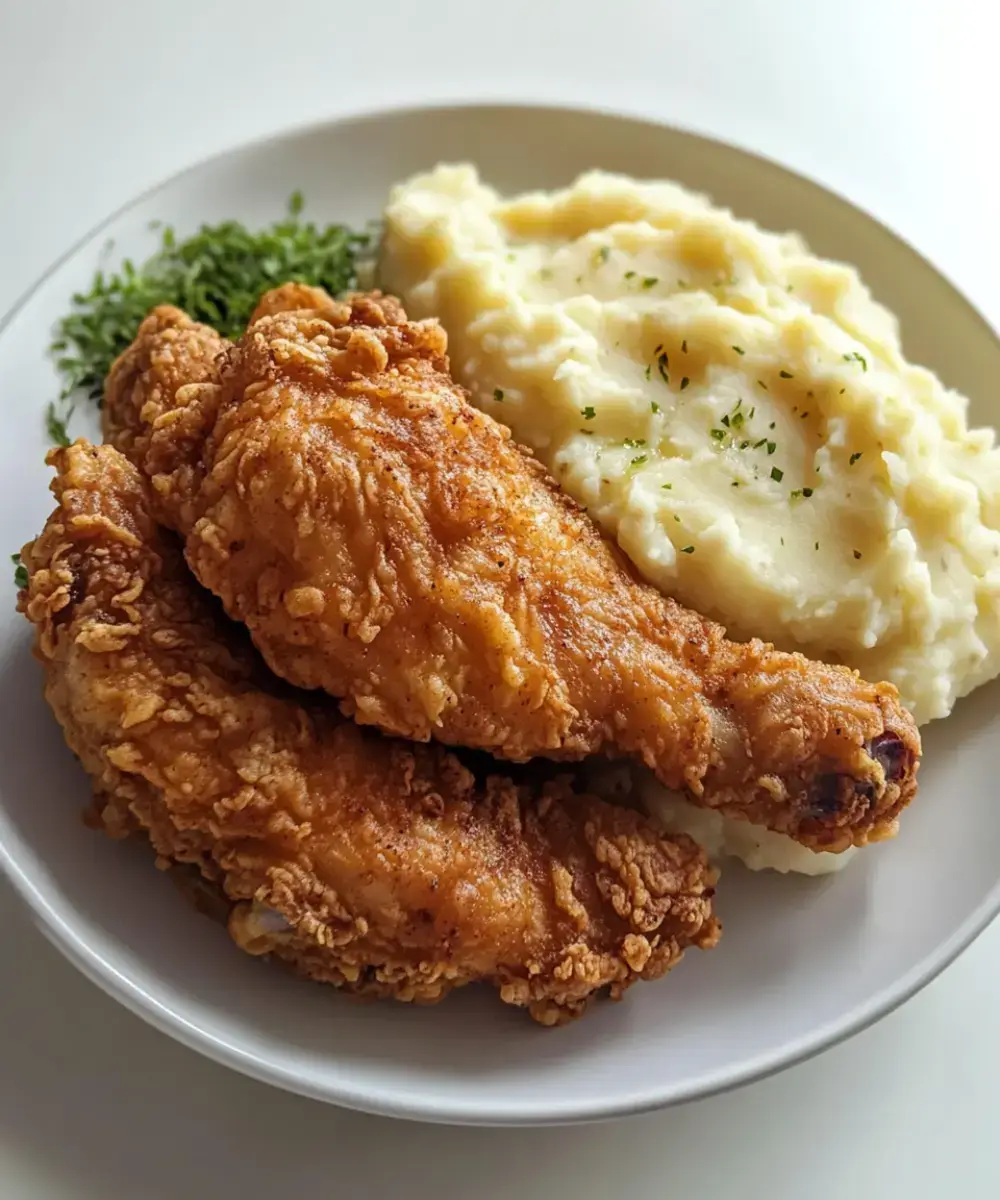 Golden fried chicken pieces on a plate beside a mound of mashed potatoes.