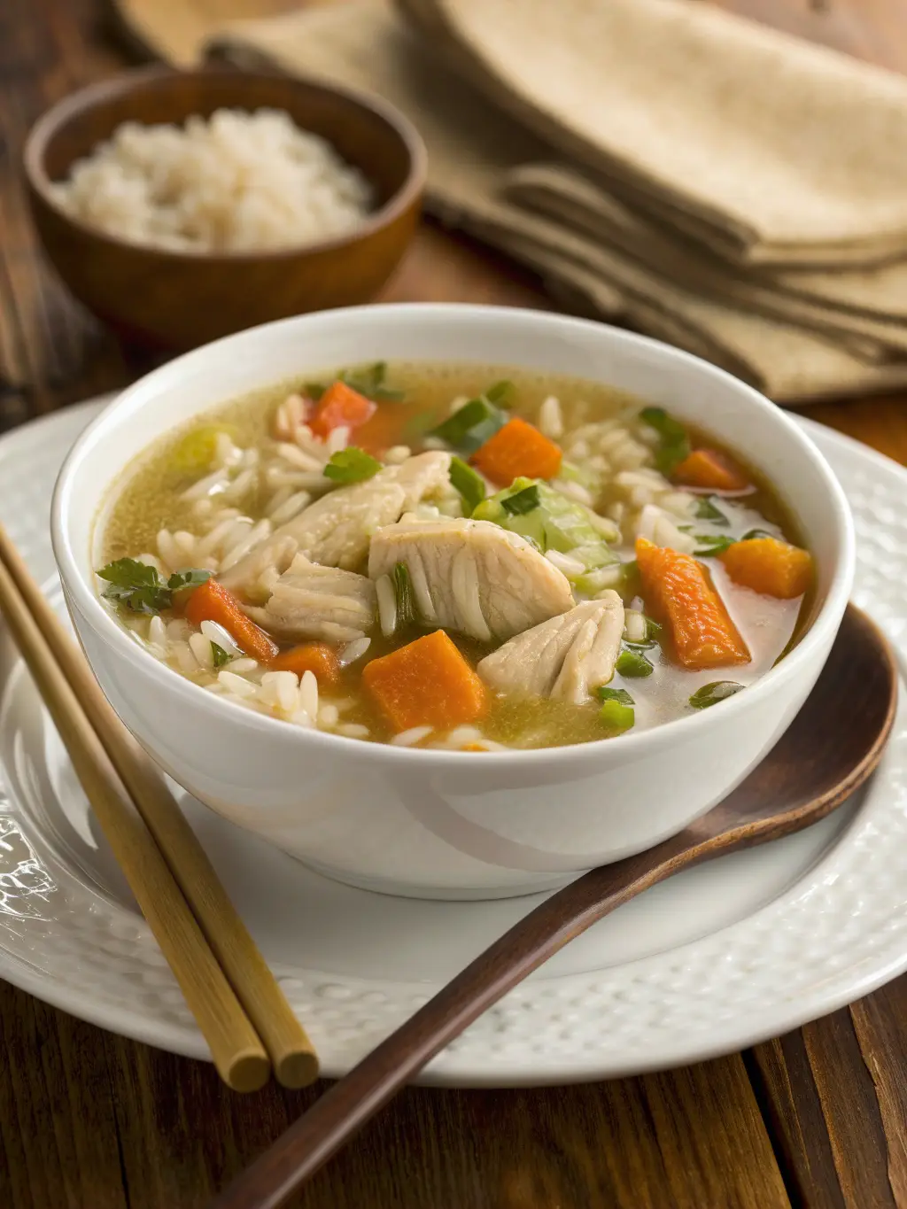 A white bowl of chicken and rice soup with carrots and herbs in a clear broth.