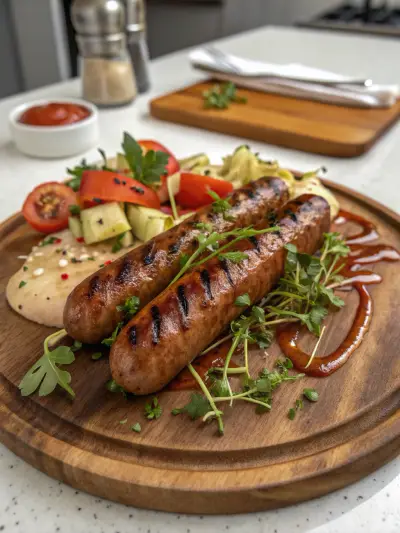 Two grilled smoked sausages on a wooden board with a tomato and avocado salad.