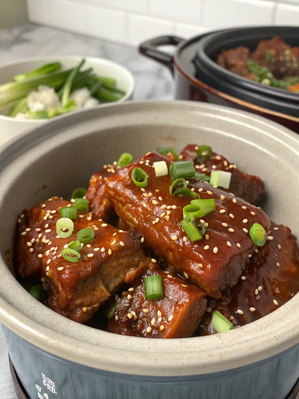 Glazed pork ribs topped with sesame seeds and sliced scallions in a slow cooker.