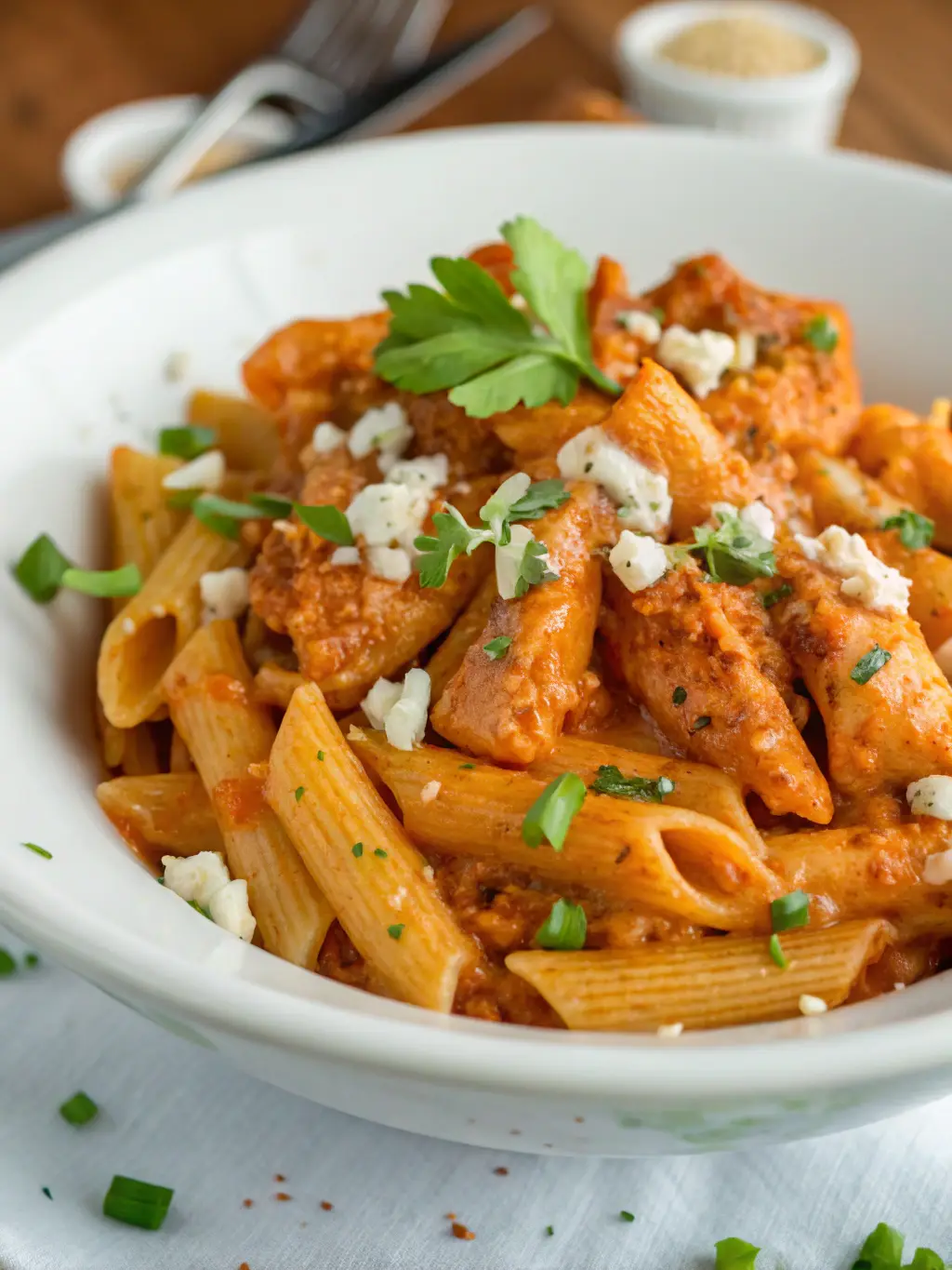 Penne coated in an orange buffalo cream sauce with chicken and crumbled blue cheese.