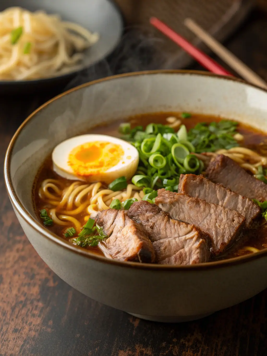 A bowl of beef ramen with sliced steak, noodles and broth.