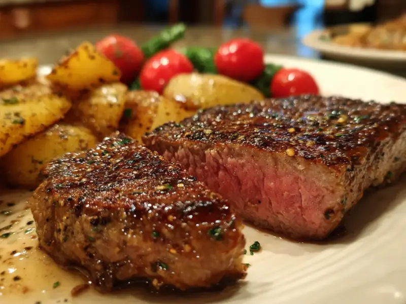 A sliced seared chuck steak topped with melting garlic herb butter.