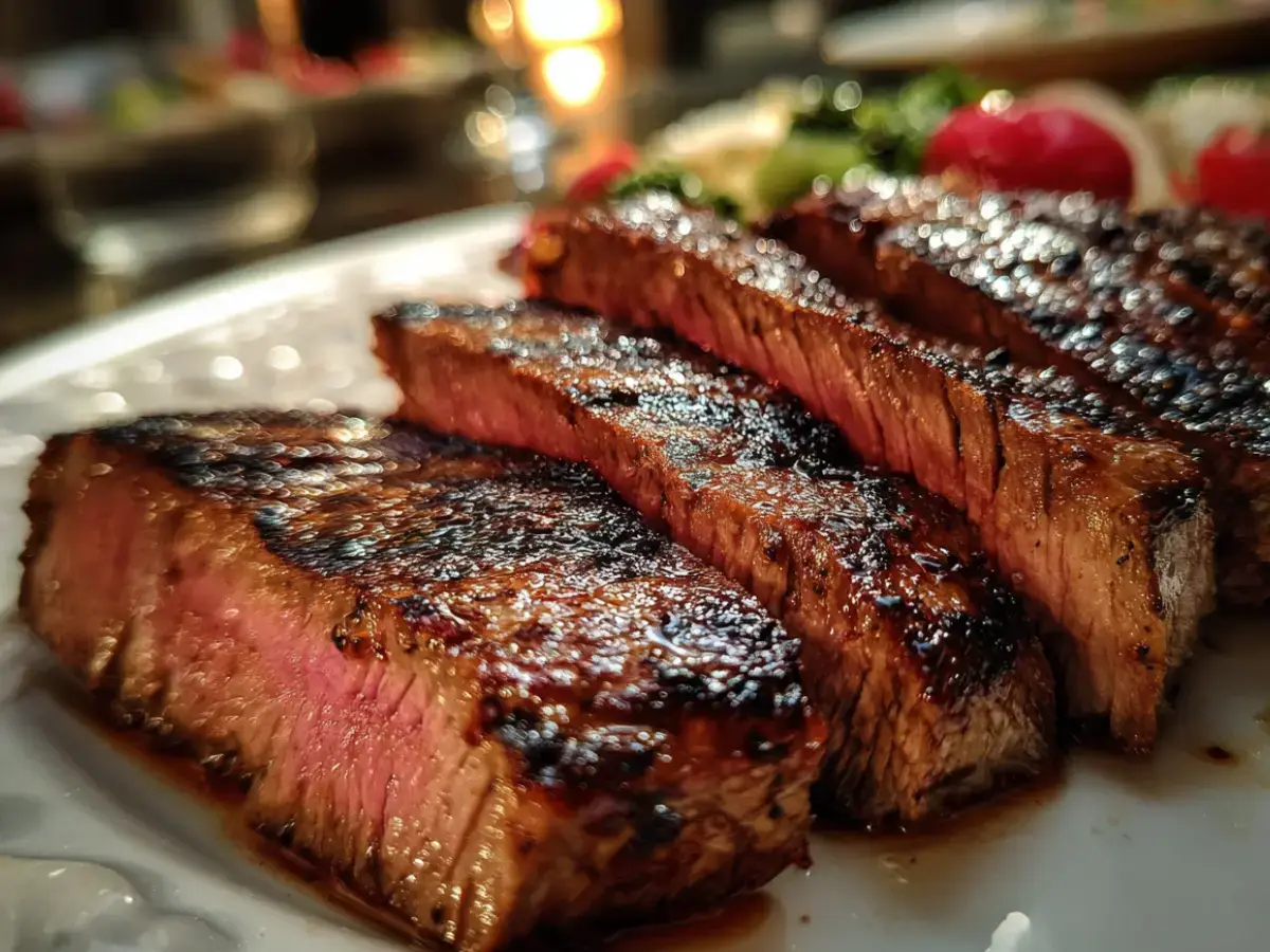 Sliced grilled flank steak with charred edges and a pink center.