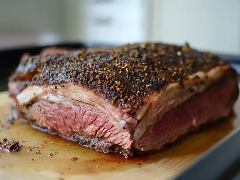 A cut beef brisket with a dark peppered crust, showing the pink interior.
