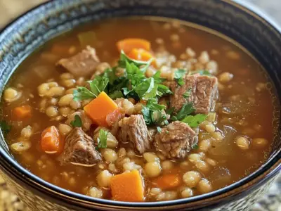 Beef and barley soup with vegetables in a bowl.