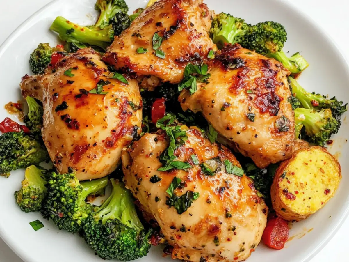 Chicken and broccoli in a savory sauce.