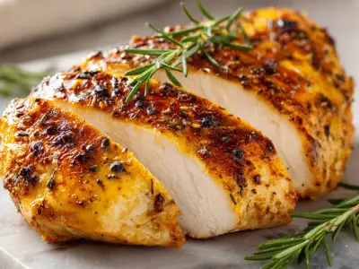 A sliced roasted chicken breast with a browned, seasoned crust and a sprig of rosemary.