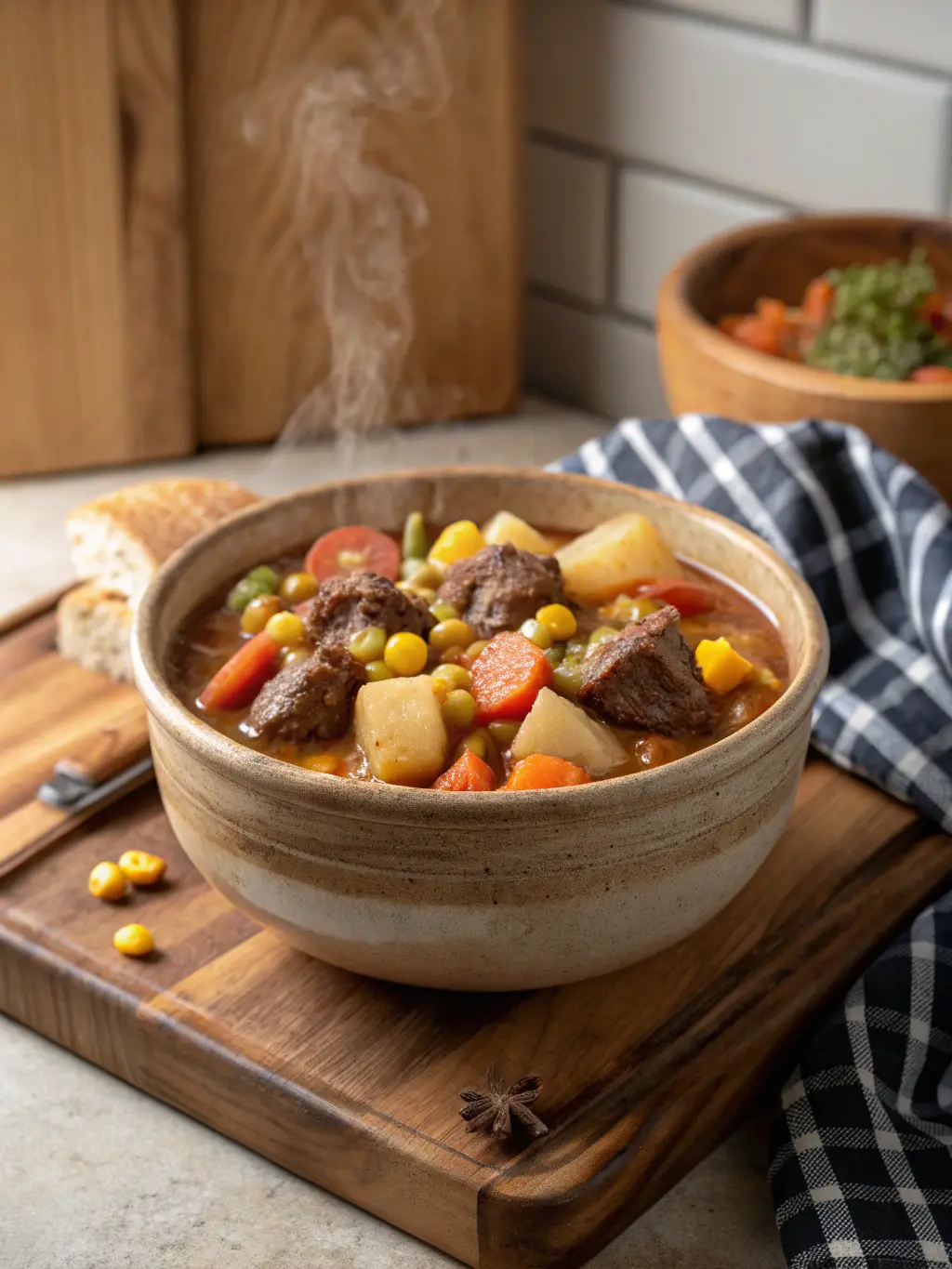 A bowl of chunky beef stew with carrots, potatoes and corn.