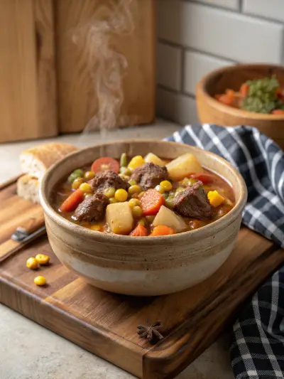 A bowl of chunky beef stew with carrots, potatoes and corn.