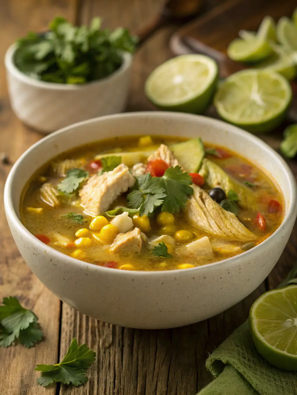 A bowl of chicken soup with corn, shredded chicken and cilantro, with lime halves beside it.