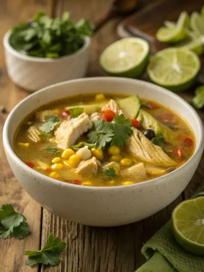A bowl of chicken soup with corn, shredded chicken and cilantro, with lime halves beside it.