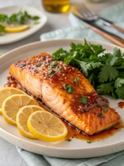 A glazed salmon fillet with a dark, glossy crust, served with lemon slices and cilantro.