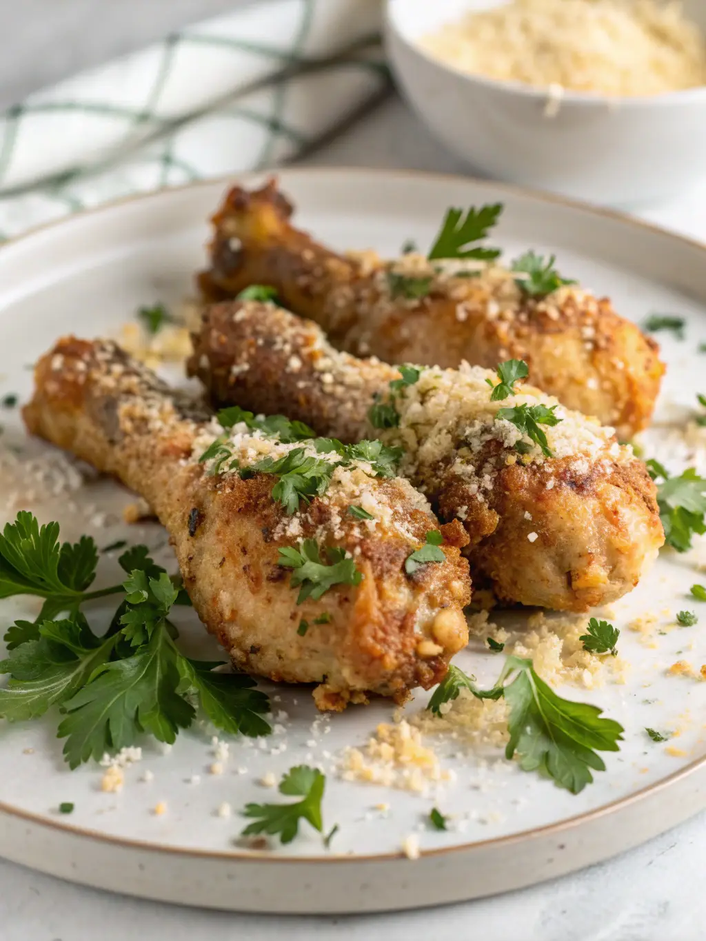 Baked chicken drumsticks with a browned crust, grated parmesan and parsley.