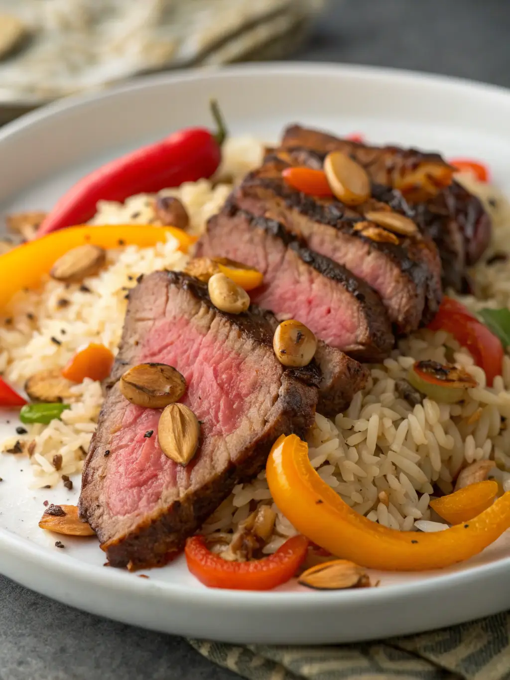 Sliced steak fanned over rice pilaf with red and yellow bell pepper strips.