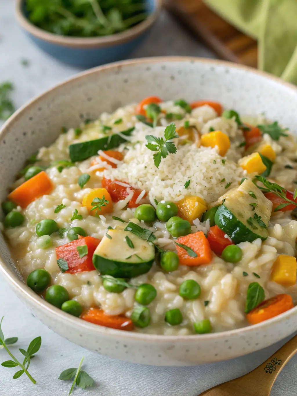 Creamy risotto with peas, diced carrot, zucchini and grated parmesan.