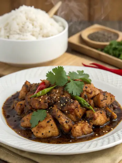 Black pepper chicken with onion and bell peppers in a glossy sauce.