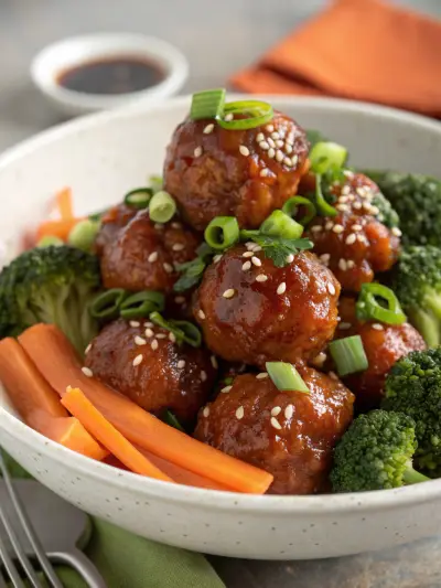 Glazed meatballs with sesame seeds and scallions, with broccoli and carrot sticks.