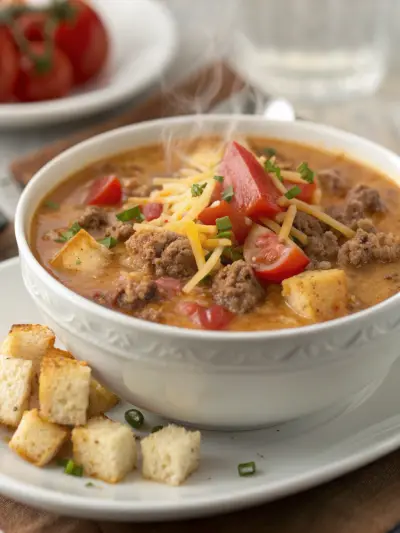 A bowl of creamy cheeseburger soup with ground beef, diced tomato and shredded cheddar, with croutons alongside.