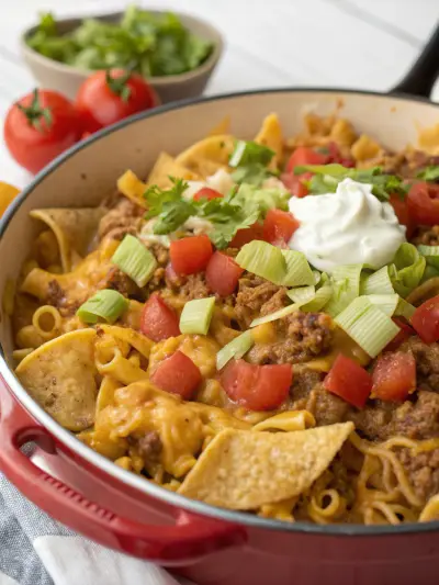 Pasta with seasoned ground beef, tortilla chips, diced tomato, lettuce and sour cream.