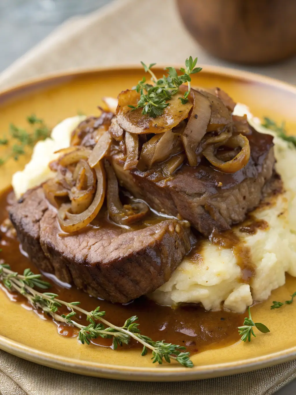 Sliced pot roast over mashed potatoes, topped with caramelized onions and gravy.