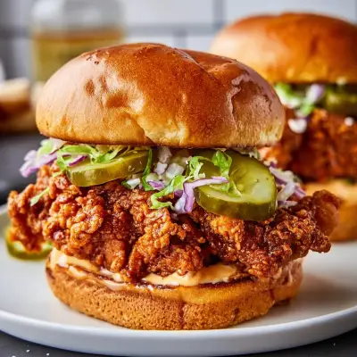 A Nashville hot chicken sandwich on a toasted brioche bun, topped with dill pickles and slaw.