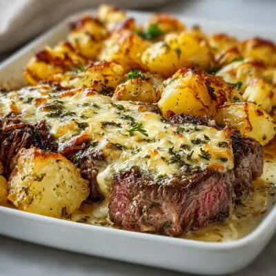 Garlic Butter Steak & Cheddar Potato Bake Recipe | Easy & Delicious Dinner