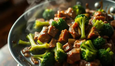 Cubes of beef and broccoli florets coated in a glossy brown sauce.