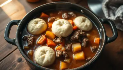 A bowl of beef stew with chunks of beef, carrots, potatoes and peas in a dark broth.