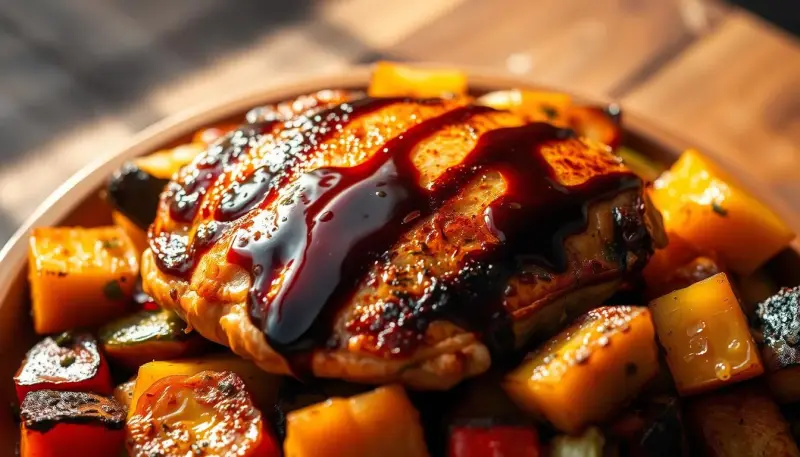 Chicken pieces under a dark balsamic glaze with roasted vegetables.