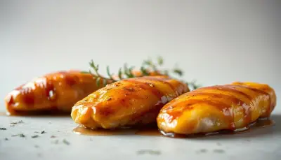 Two glazed chicken breasts on a white surface with sprigs of thyme.