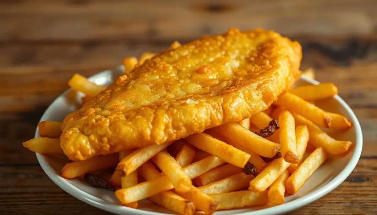 Battered fried fish fillets with a golden crust, served with thick-cut chips.