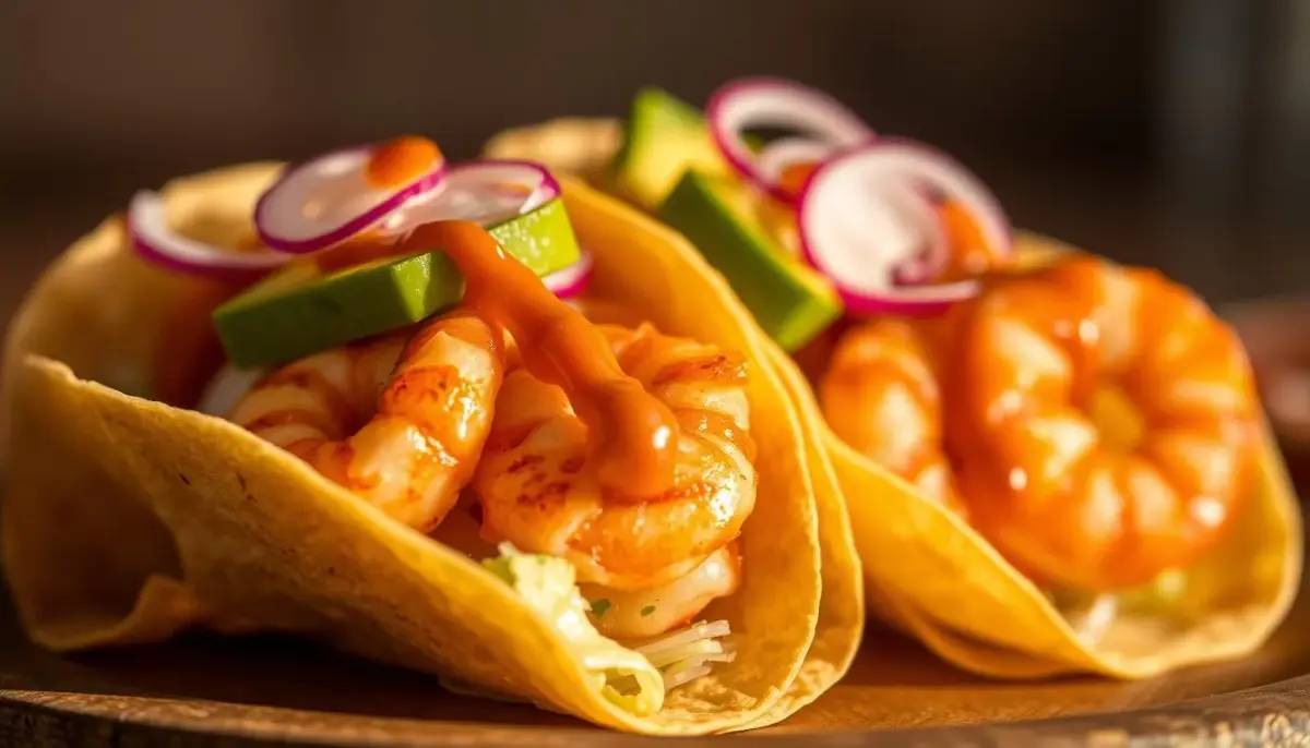 Shrimp tacos in corn tortillas with avocado, red onion and a creamy sauce.