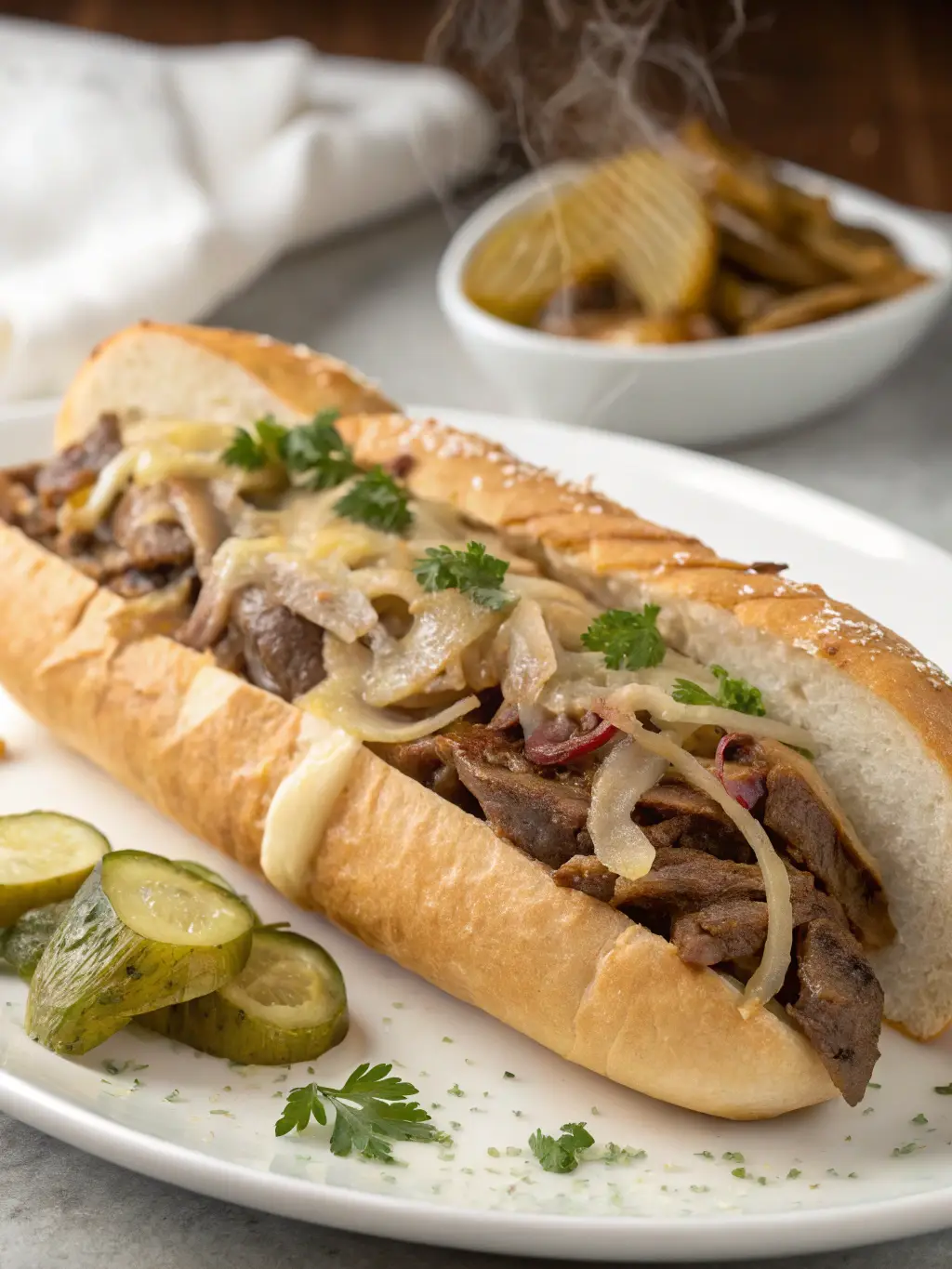 A hoagie roll filled with thin-sliced beef, onions and melted provolone.
